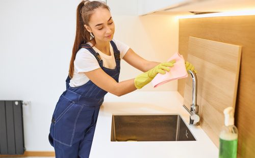 Young female worker of cleaning service wiping steel sink, wooden interior, modern